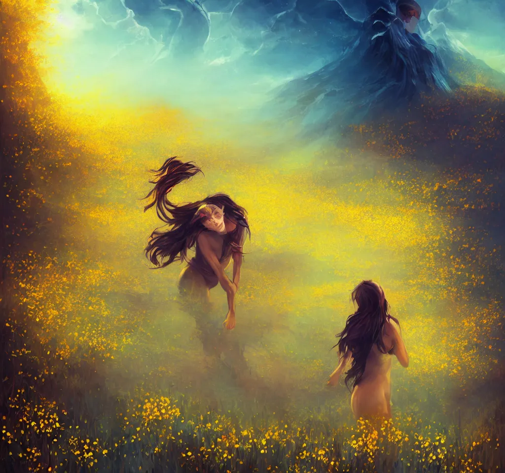 Prompt: ( poster of a girl picking golden flowers from a riverbed. ) by anato finnstark, dream, full body portrait, dynamic lighting, beautiful, trending on artstation, wallpaper, 4 k, award winning, digital art, very detailed faces