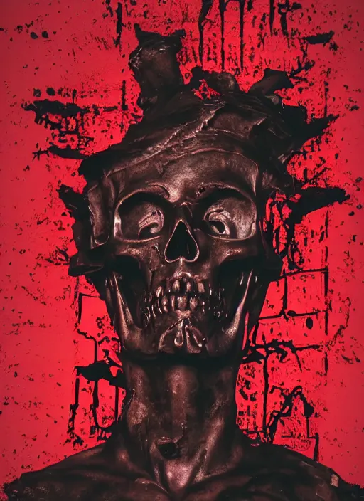 Image similar to dark design poster showing a close up of a heroic greco roman statue with skull, black background with very subtle red and purple design elements, powerful, nekro, vito acconci, thin straight lines, dark, glitch art, neo vaporwave, gritty, layout frame, square, trending on artstation