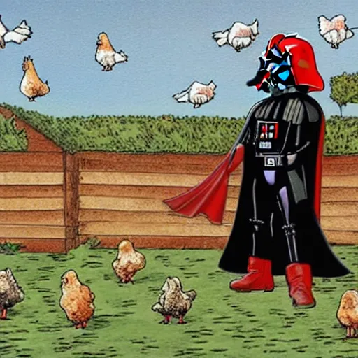 Prompt: darth vader raising chickens on a farm