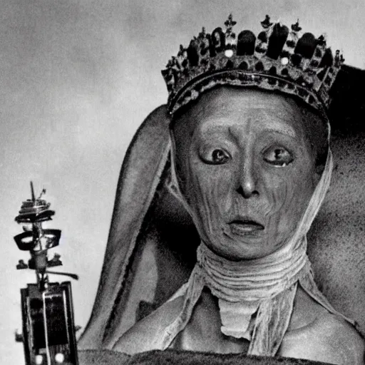 Prompt: the mummified queen of england being shot in to space