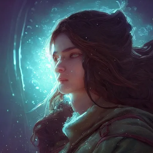 Image similar to young woman with wavy brown hair with a scar across his left eye is legendary, frostpunk, high detail, concept art, frosty, neon color, vivid color, floating particles, glowing green eyes, spiral smoke, background by john harris + andreas rocha, artwork by charlie bowater + artgerm + anato finnstark + ross tran