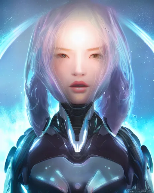 Image similar to perfect android girl on a mothership, warframe armor, beautiful face, scifi, futuristic, galaxy, nebula, bae suzy, dreamy, long white hair, blue cyborg eyes, cinematic lighting, highly detailed, artstation, divine, by gauthier leblanc, kazuya takahashi, huifeng huang, jama jurabaev