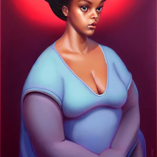 Prompt: ☁🌪🌙👩🏾, plus size woman, soft elegant gown, neon god of city character portrait, in the style of margaret keane, moebius, tom bagshaw, and waterhouse, cinematic lighting, beautiful, elegant, oil painting,