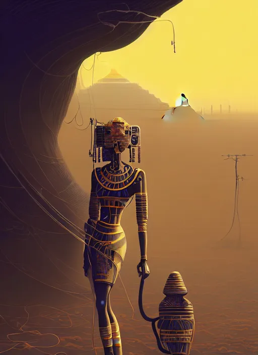 Image similar to highly detailed portrait of a robotoc cyborg long curly white hair egyptian tribal lady, stray wiring by atey ghailan, james gilleard, by joe fenton, by greg rutkowski, by greg tocchini, by kaethe butcher, 4 k resolution, gradient yellow, black and white color scheme!!! ( ( sandstorm robotic pyramid landscape background ) )