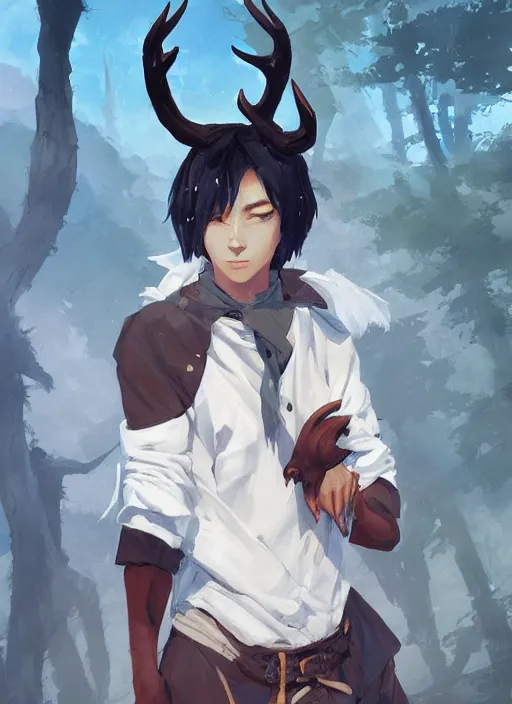 Image similar to concept art painting of an androgynous person with brown skin and short white hair, demon horns, deer makeup, full clothing, blue clothes, blue robes, detailed, cel shaded, in the style of ruan jia and artgerm and makoto shinkai and james gurney