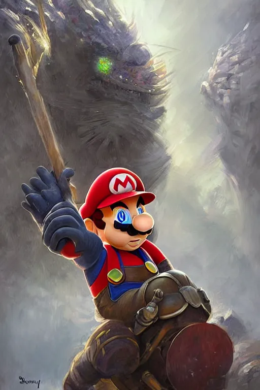 Image similar to mario getting ready for battle, fantasy magic, light night, intricate, elegant, sharp focus, illustration, highly detailed, digital painting, concept art, matte, art by wlop and artgerm and ivan shishkin and andrey shishkin, masterpiece