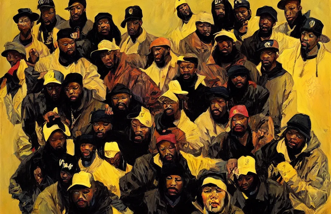 Image similar to portrait of wu - tang clan!!!!!!!!!!!!!!!!!!!!!!!!!!!, detailed face, detailed painting,, epic lighting, by ilya repin, phil hale and kent williams