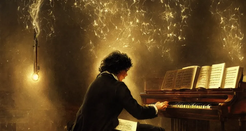 Image similar to beethoven at his piano, musical notes fly, magical sparks, dramatic lighting, highly detailed, digital art, intricate, dramatic lighting, cinematic, art by norman rockwell, greg rutkowski, james gurney