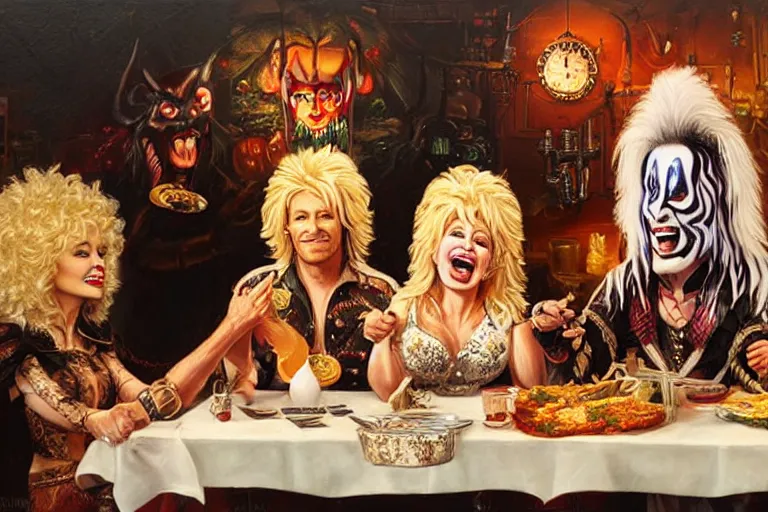 Image similar to dolly parton having a spaghetti dinner with gene simmons in kiss makeup, an oil painting by ross tran and thomas kincade