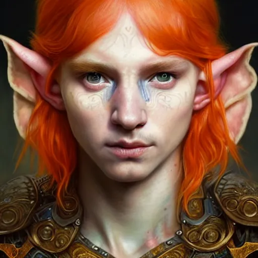 Image similar to portrait painting of very young elf with short light orange hair and tribal tattoos on his face wearing fur armor, ultra realistic, concept art, intricate details, eerie, highly detailed, photorealistic, octane render, 8 k, unreal engine. art by artgerm and greg rutkowski and charlie bowater and magali villeneuve and alphonse mucha