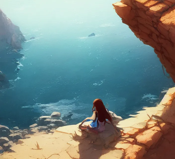 Image similar to a girl sitting on a cliffside overlooking the beach, blue waters, ripples, waves, reflections, details, sharp focus, illustration, by Jordan Grimmer and greg rutkowski, Trending artstation, pixiv, digital art