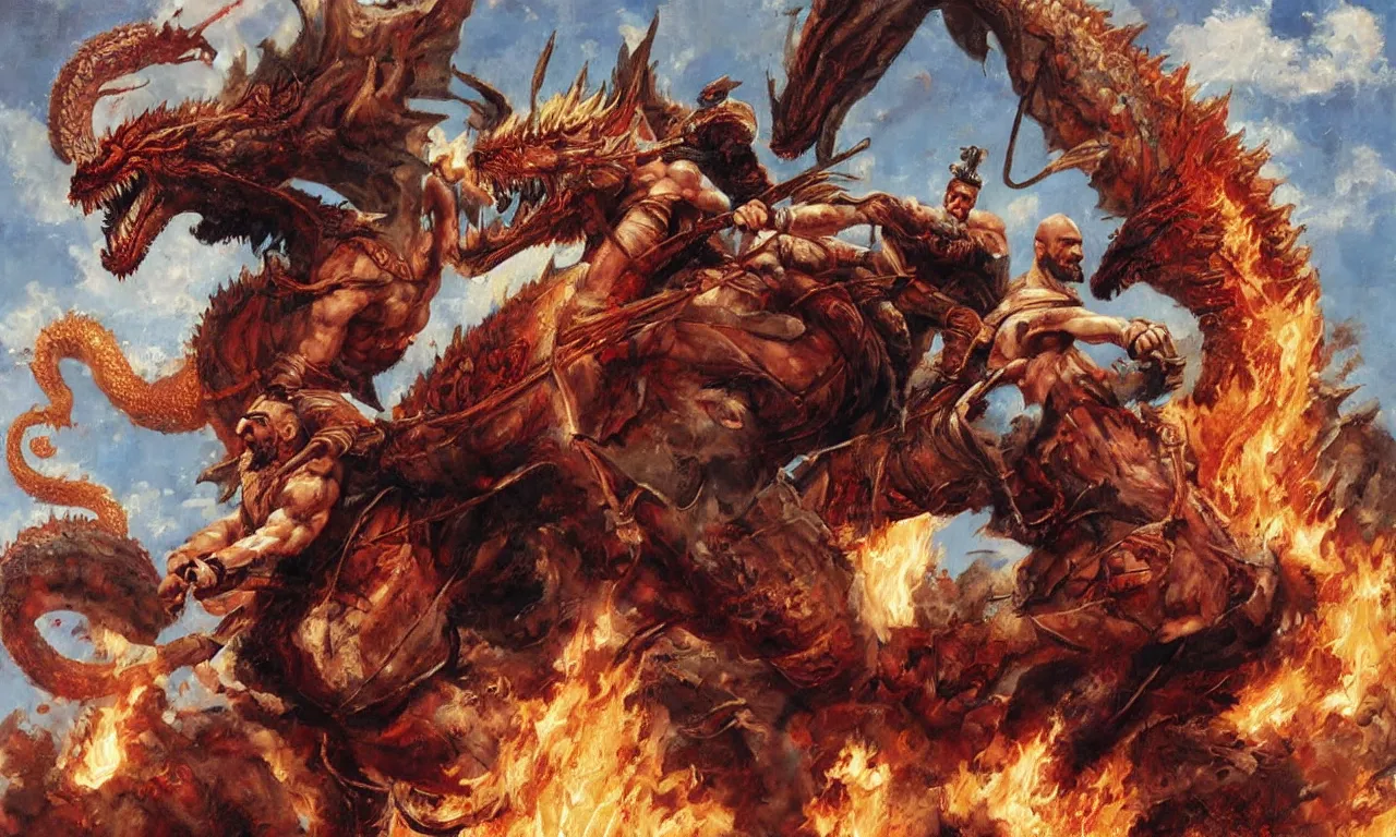 Image similar to a detailed oil painting rendition of kratos as lebron james riding a gigantic fire breathing dragon, art by norman rockwell