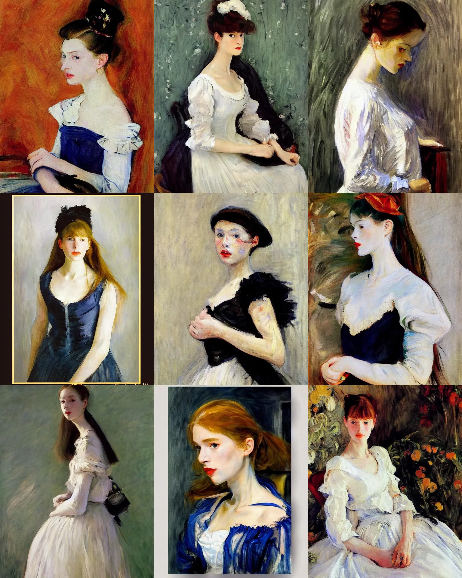 Prompt: a highly - detailed painting by berthe morisot and vogue magazine and zinaida serebriakova and edward hopper and annie leibovitz and vermeer of a synthwave!!! fashion photography portrait, white background.