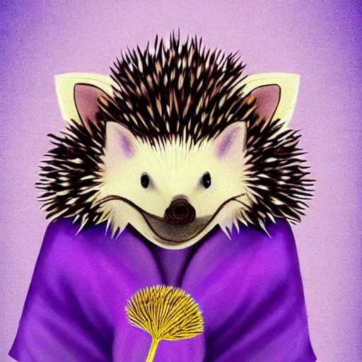 Prompt: adorable hedgehog in a kimono, holding a purple dandelion, art, digital art