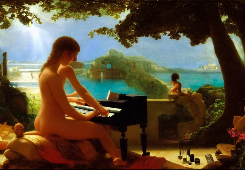 Image similar to Girl playing the palace piano, refracted sparkles, thunderstorm, greek pool, beach and Tropical vegetation on the background major arcana sky, by paul delaroche, hyperrealistic 4k uhd, award-winning, very very very detailed