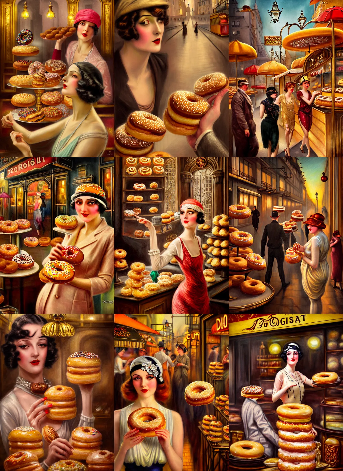 Prompt: Ultra realistic 1920s Neo Rococo Expressionist, Ultra realistic 1920s orientalism, diffuse lighting, fantasy, intricate, elegant, highly detailed, lifelike, photorealistic, digital painting, artstation, illustration, concept art, smooth, sharp focus, Ultra realistic The City of Lisbon in a doughnut shop women are throwing food around and making a mess in public, Ultra realistic art by John Collier and Albert Aublet and Krenz Cushart and Artem Demura and Alphonse Mucha