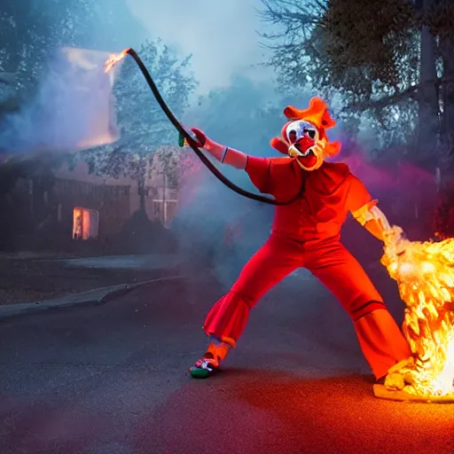 Prompt: photo of a clown using a flamethrower projecting a long bright flame towards a dumpster fire, award-winning, highly-detailed, 8K