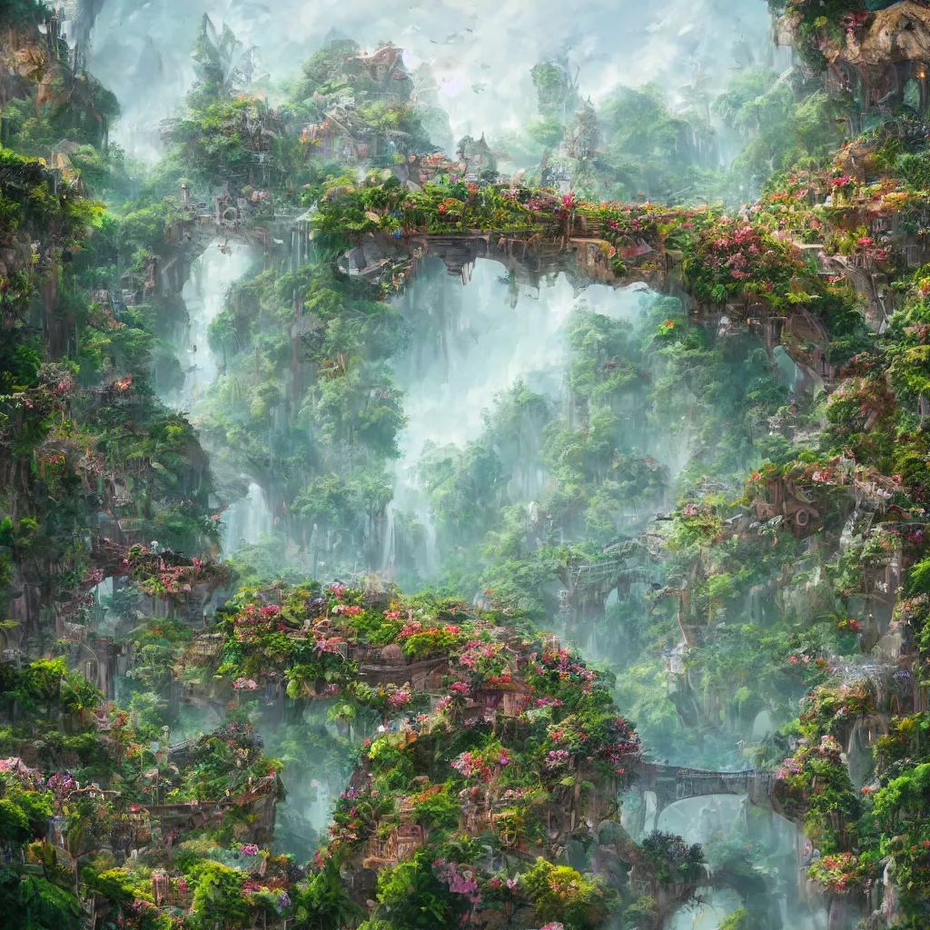 Image similar to a beautiful nature civilization, fancy, flowers, bridges, nature city, people, tree houses, trending on artstation, behance, deviantart