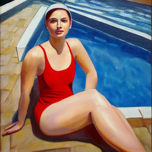 Image similar to oil painting of a young woman in a tanktop sitting by the pool