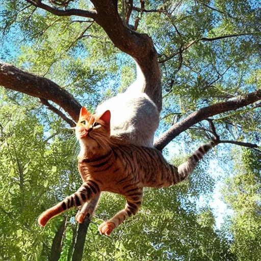 Prompt: a cat riding a turkey gliding down from a tall tree