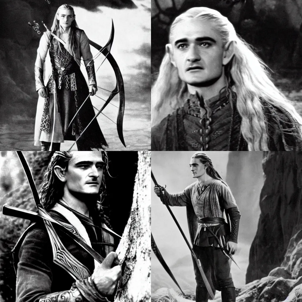 Prompt: Orlando Bloom as Legolas, still from the black-and-white silent film The Lord of the Rings (1923)