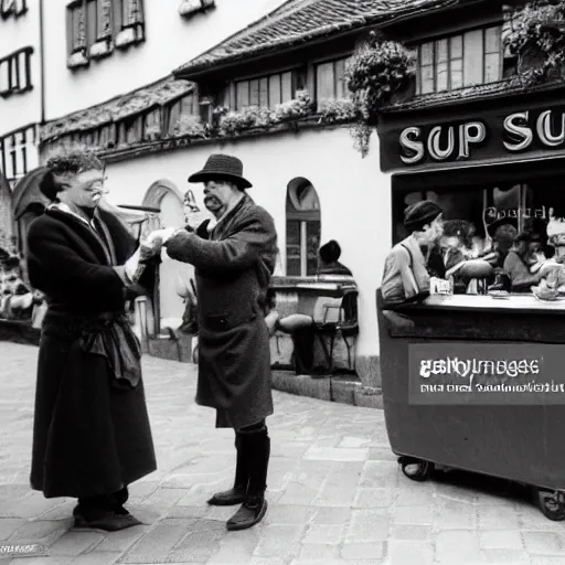 Image similar to soup Nazi telling Elaine no soup for you outside of beer hall in Munich 1930, black and white, 8k,