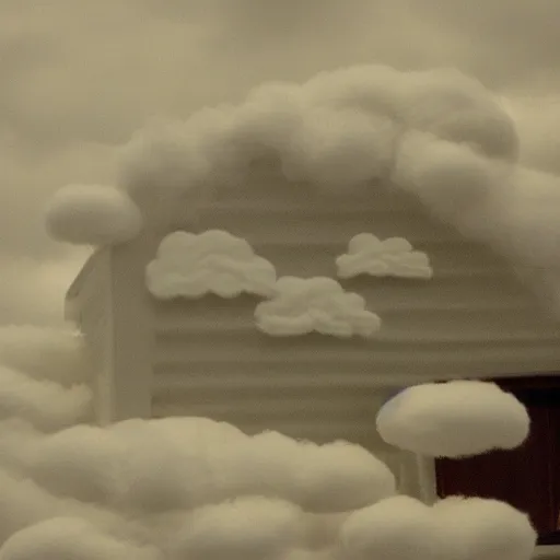 Image similar to a house in the clouds made of cotton.