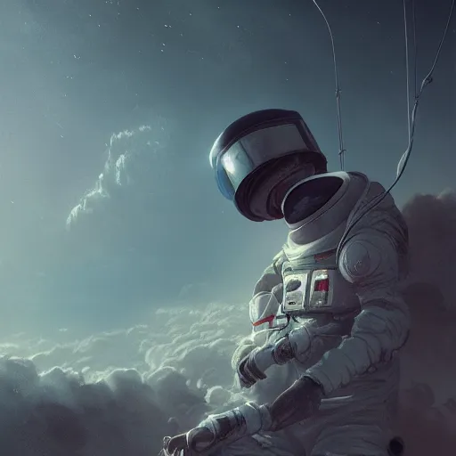 Image similar to dead astronaut falling through the clouds in jupiter, by cedric peyravernay, highly detailed, excellent composition, cinematic concept art, dramatic lighting, trending on artstation