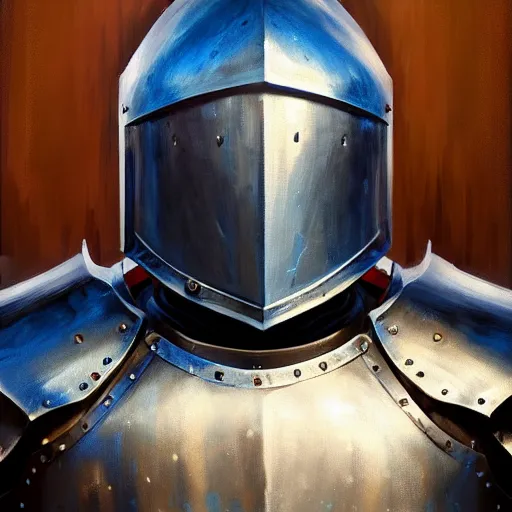 Image similar to beautiful oil portrait painting of blue alwyte armor, medieval armor, knight, natural light, outside. artstation, concept art, smooth, sharp focus, illustration, by bartek fedyczak, erak note, tooth wu, neil richards, kan liu, siwoo kim, jisu choe