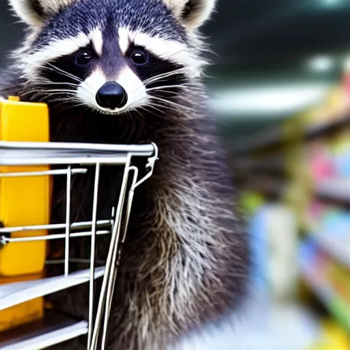 Image similar to happy raccoon pushing a grocery cart filled with medical supplies, a laptop and a face mask