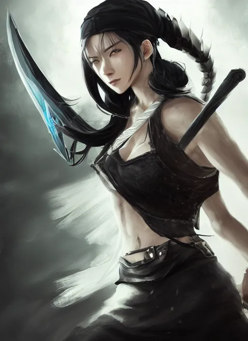 Image similar to a highly detailed illustration of fierce amazon messy ponytail black haired one armed delinquent japanese woman wearing white cap wearing long white jacket with cape, dramatic wielding sword pose, muscular, intricate, elegant, highly detailed, centered, digital painting, artstation, concept art, smooth, sharp focus, league of legends concept art, wlop.