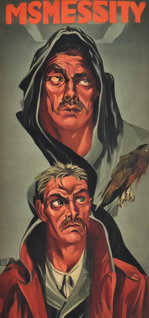 Image similar to mistery man in hood and red eyes with a dager, and a vulture, 1940s propaganda poster, full hd,highly detailed