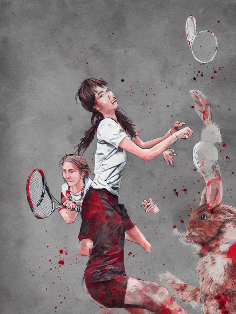 Prompt: young adult women playing tennis with a giant rabbit, blood stains on shirt, blood on tennis court, bleeding audience, illustration, traditional drawing style, dramatic mood, textured canvas, pastels, 8 k render octane high definition cgsociety