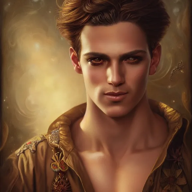 Image similar to portrait of a handsome male genie, art by tom bagshaw and paul cadmus and george quaintance