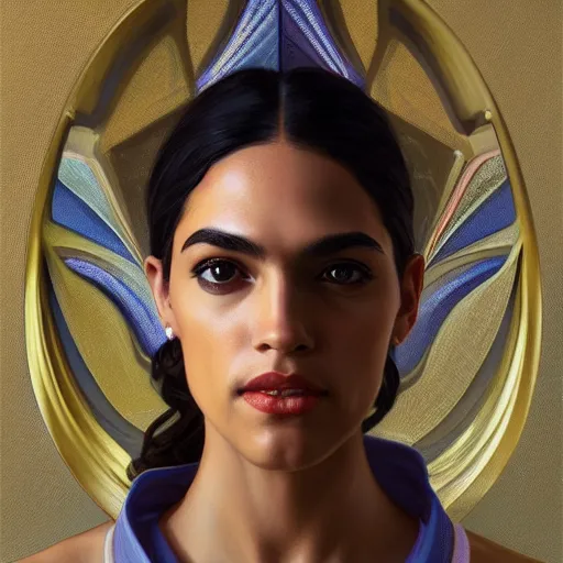 Prompt: symmetry portrait of alexandria ocasio - cortez, intricate, elegant, highly detailed, digital painting, artstation, concept art, smooth, sharp focus, illustration, art by artgerm and greg rutkowski and alphonse mucha, 8 k