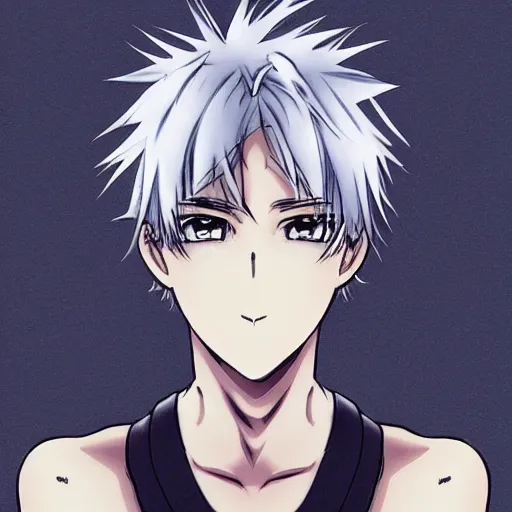 Image similar to anime boy with white hair and blue highlights, drawn by Fungzau