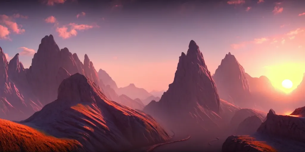 Image similar to a beautiful landscape, sun rises between two mountains, fantasy artwork by john stephans unreal engine 5, extremely detailed, hyper realism