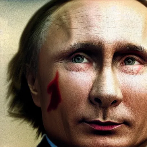 Image similar to a realistic 85 mm portrait of Vladimir Putin with girl makeup on his face, hyperrealistic, cinematic,