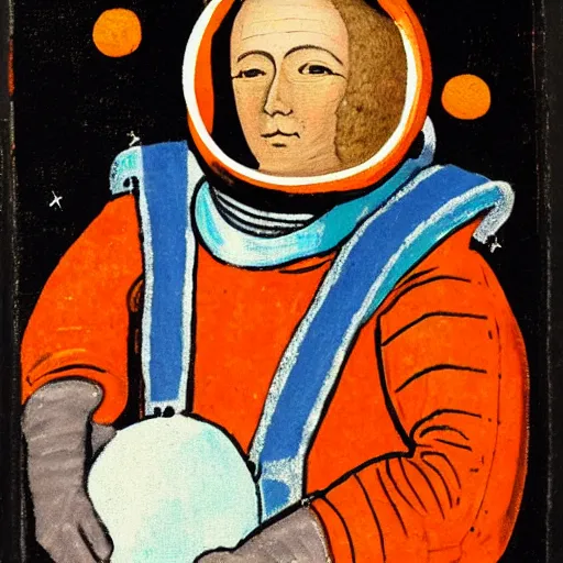Image similar to a medieval style painting of an astronaut in space wearing an orange space suit