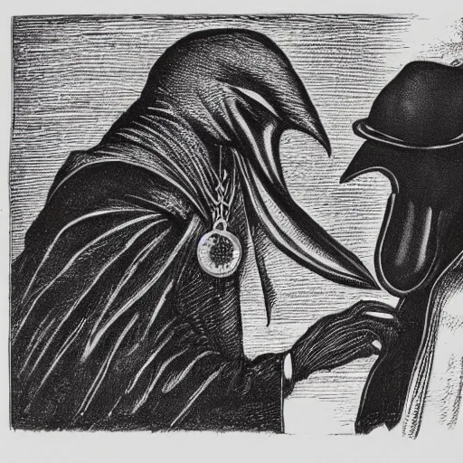 Prompt: Etching art of a plague doctor looking at a pocket watch, intricate, lots of details, 8k