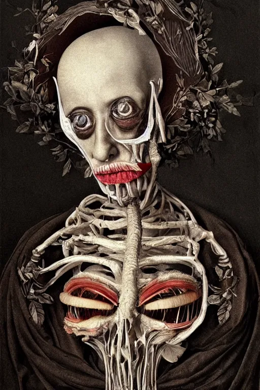 Image similar to Detailed maximalist portrait of an old woman with large lips and eyes, scared expression, botanical skeletal with extra flesh, HD mixed media, 3D collage, highly detailed and intricate, surreal illustration in the style of Caravaggio, dark art, baroque