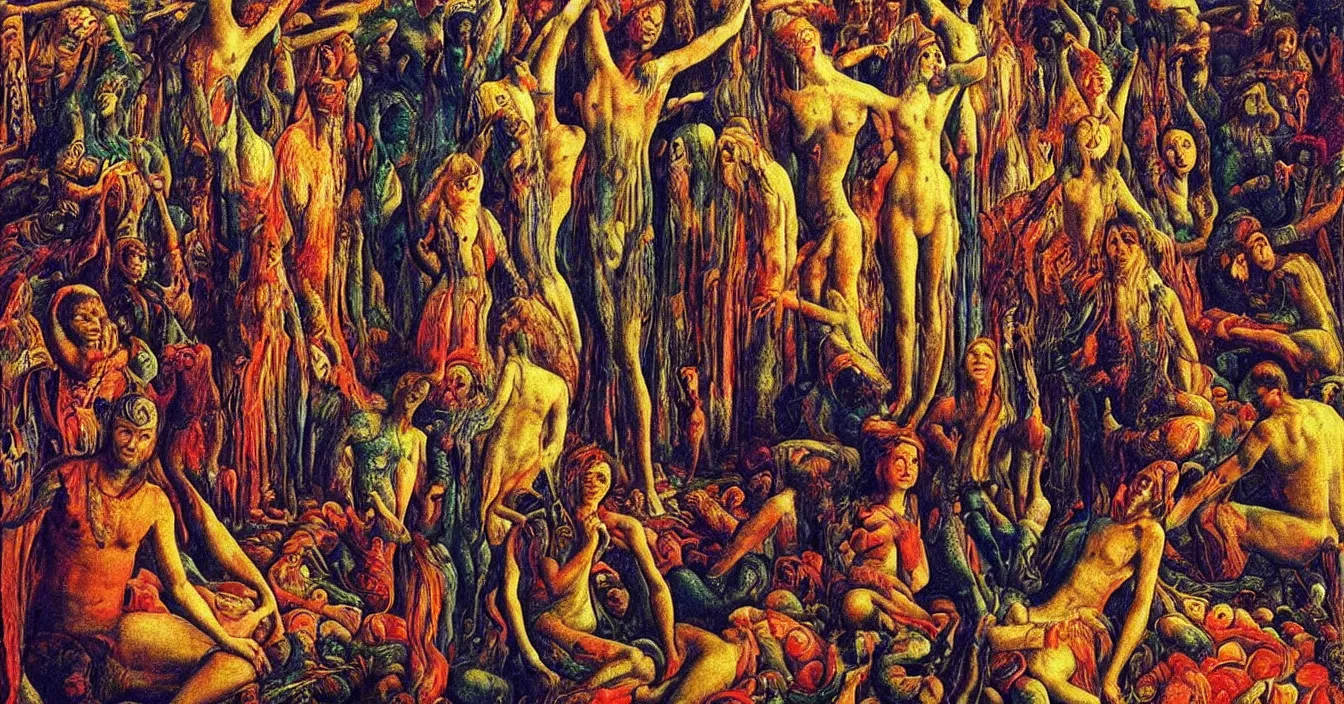 Prompt: Imagination of human souls sitting in cinema like room and watch very interested bright warm light of consciousness projecting their lives on the big wide screen, realistic, deep sense of spirituality, life meaning, meaning of physical reality, calm atmosphere, by Ernst Fuchs