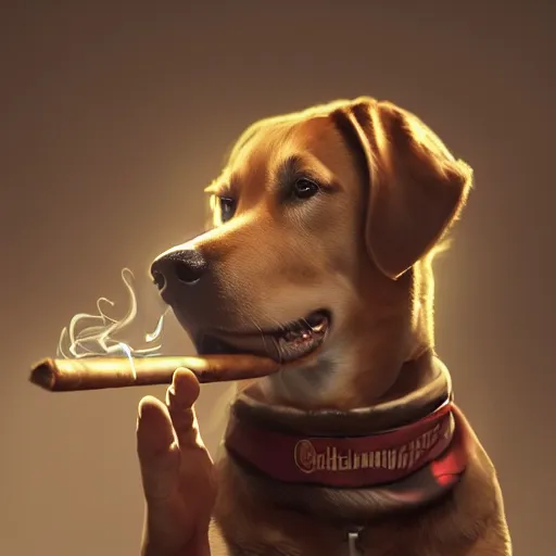 Image similar to a dog wearing smoking a cigar, dramatic lighting, cinematic, establishing shot, extremly high detail, photorealistic, cinematic lighting, concept art, artstation, style by greg rutkowsky