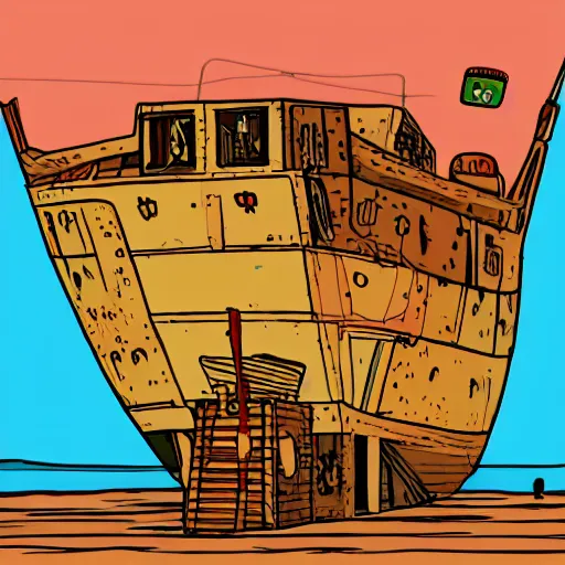 Image similar to an abandoned ship on the aral sea desert, in the style of daniel johnston and outsider art, 8 k, line brush, minimal, gradiated colors, overlaid with cyrillic adverts