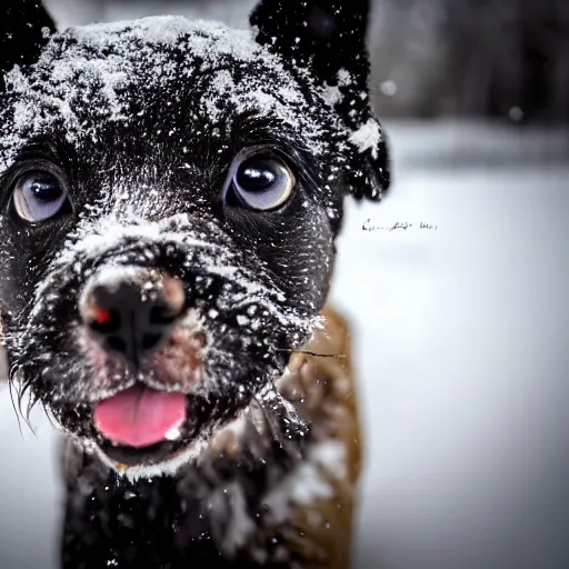 Prompt: Up close Photorealistic photograph of a cute puppy in snow, photorealism, photorealistic, realism, real, highly detailed, ultra detailed, detailed, shutter speed 1/1000, Canon EOS 90D, up-close, Wildlife Photographer of the Year, Pulitzer Prize for Photography, 8k