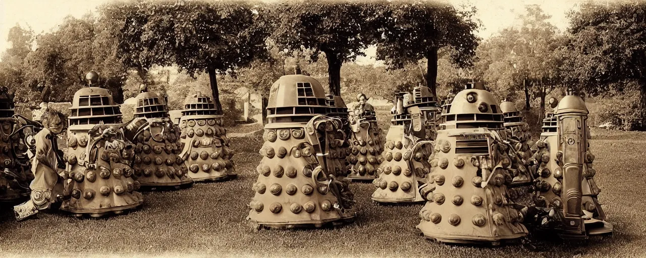 Prompt: Daleks attending a Victorian sepia photo of a tea party.