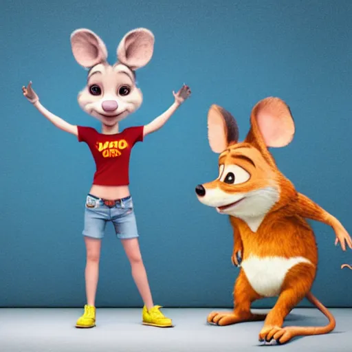 Image similar to 3 d render, portrait, upper body shot, mid shot, anthropomorphic mouse, female, wearing denim short shorts and a off yellow tank top shirt, solo, in the style of zootopia