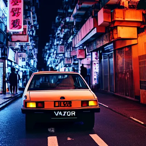 Image similar to a car vaz 2101 with blood vinyl in the middle of a road on the night Hong Kong china town, blue color grading, cinematic color grading , unreal 5, hyperrealistic, realistic, photorealistic, dynamic lighting, highly detailed, cinematic landscape, studio landscape, studio lighting