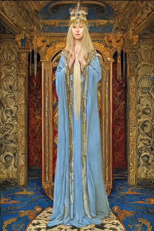 Image similar to coronation portrait of the ice queen, by Donato Giancola and John Bauer and John William Godward and Vermeer, embroidered velvet, iridescent beetles, rich color, ornate headdress, flowing robes, lost runes, ancient civilizations,featured on Artstation, cgisociety, unreal engine, extremely detailed