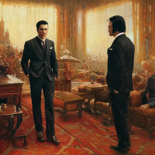 Image similar to detailed cinematic wide shot of sucession atractive man black hair black suit smooth, sharp focus, ultra realistic, in corporate office spring light, painting by gaston bussiere, craig mullins, j. c. leyendecker